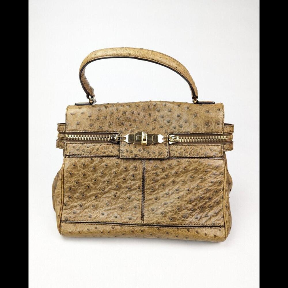 [SOLD] NWT MAX MARA Margaux Ostrich Leather Top Handle Shoulder Bag Tan Turnlock